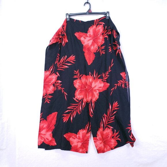 Hibiscus Collection Hawaii Red n Black Split Leg Open Sides Wrap Relaxed Floral - Picture 9 of 16